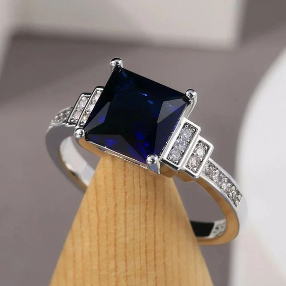 Sterling Silver Diamond Sapphire Princess Cut Ring - Picture 4 of 7